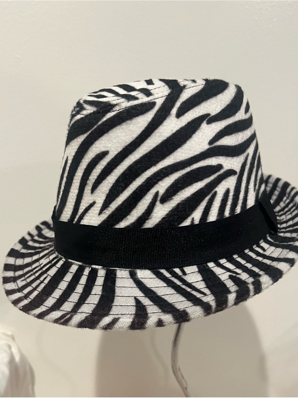 Zebra Print Fedora Hat with Black Band - White & Black
